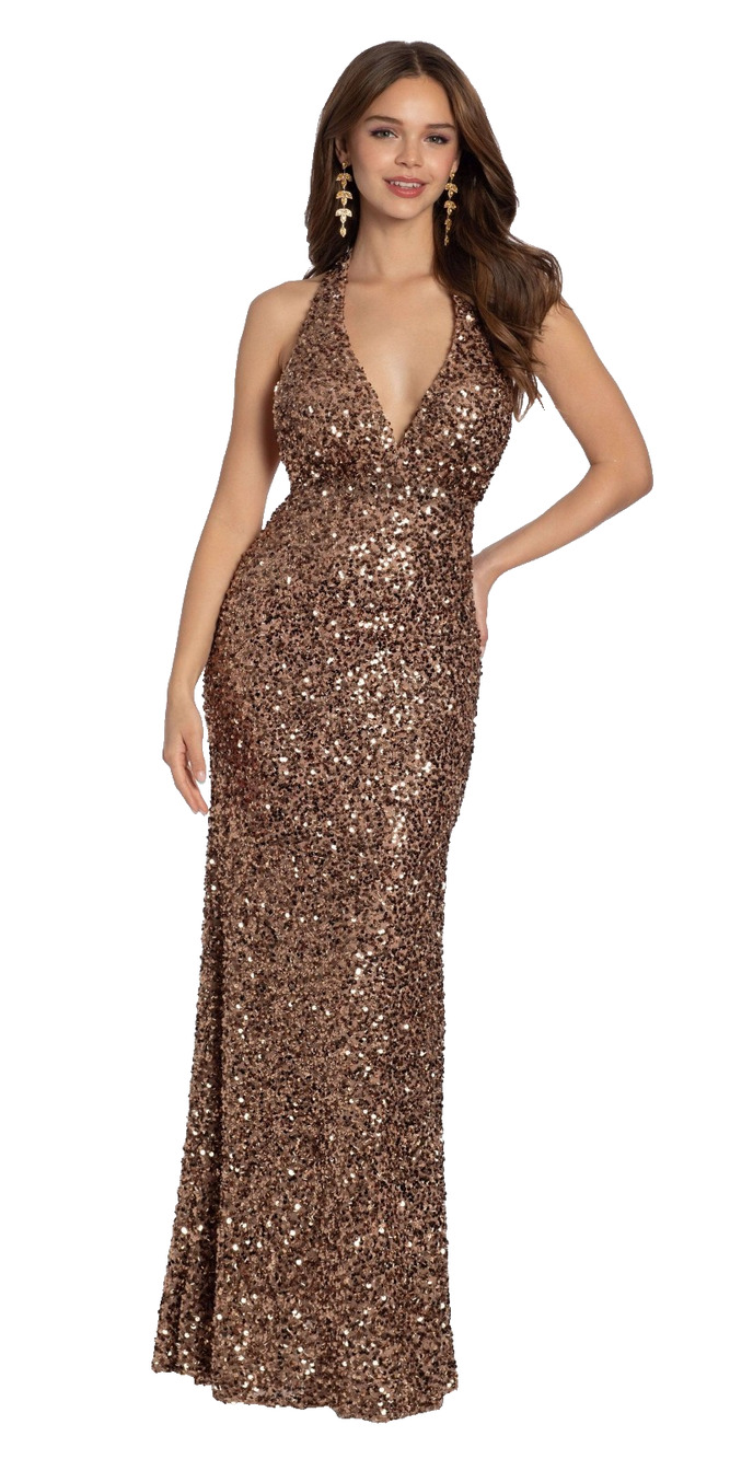 Morgan & Co Sequin‎ Halter Gown Size 7 Brown Open Back Formal Prom Dress NWT